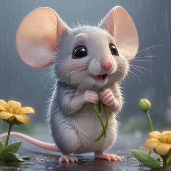 small mouse in the rain with flower