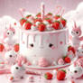 white cake with strawberries kawaii fantasy cgi