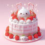 white cake with strawberries kawaii fantasy cgi