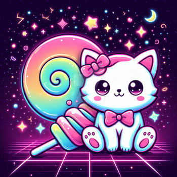 neon cat in space chibified digital art kitten