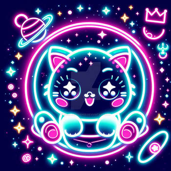 neon cat in space chibified digital art kitten