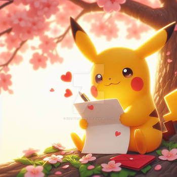 pikachu writes love letter under tree digital art