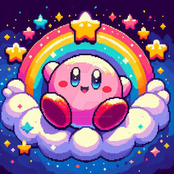 sweet kirby in stars rainbow digital art cute