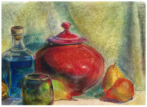 Still life with pots and glass