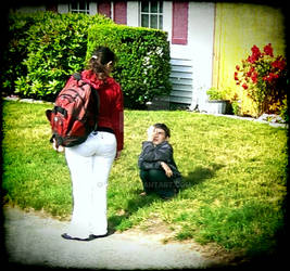 Mom and Child Staring on Lawn