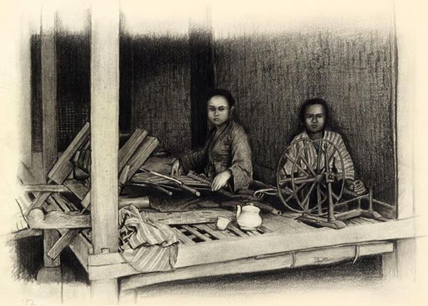 'two priangan girl weaving'