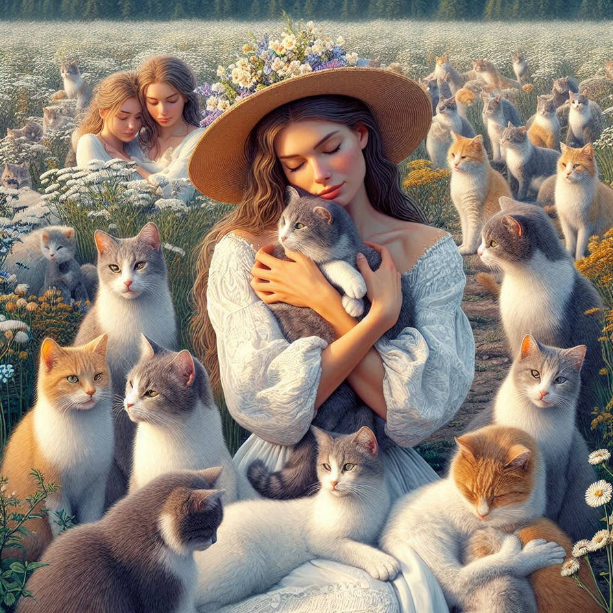 Woman Rabbit Meadow Women in Meadow with cats by donnebryant on DeviantArt