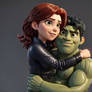 3D Animation Style Black Widow hugging the Hulk