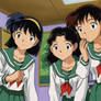 Eri, Ayumi, and Yuka speechless at seeing Inuyasha