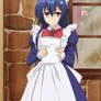 Shido holding flyers while dressed as a maid