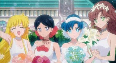 The Inner Senshi wearing bridesmaid dresses