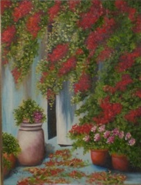 Door with bougainvillea