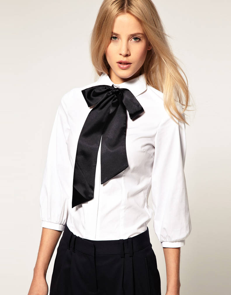 Блузка бабочка. Женский галстук. Белая блузка с черным бантом. Белая блузка. Рубашка с галстуком женская.