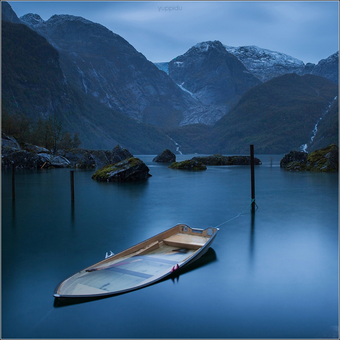 Evening on the lake at the glacier Folgefonna