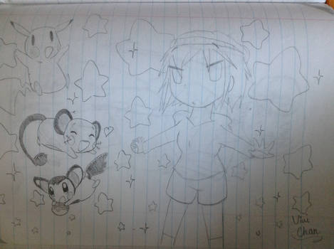 Kuna (my o.c), pikachu, dedenne, and emolga