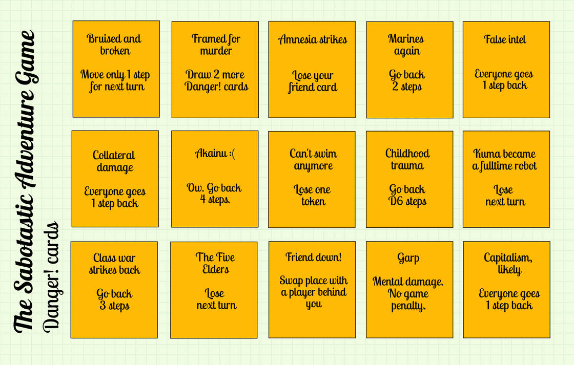 Orange Danger! cards with thematic titles and a game penalty.