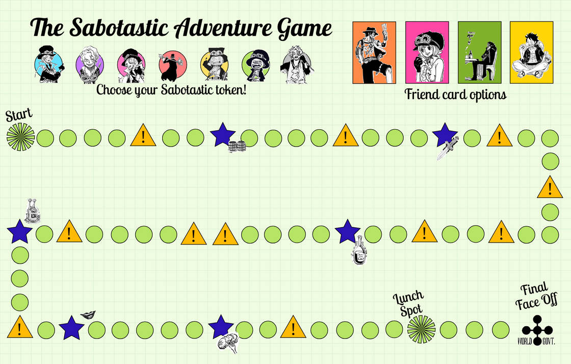 The board for the game. There is a path of green circles, yellow warning signs and blue star shapes leading to the World Government symbol. There are Sabo tokens with manga panels of Sabo and friend cards with panels of Koala, Ace, Dragon and Luffy.
