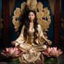 Brenda Song as Guanyin, sitting on a lotus throne