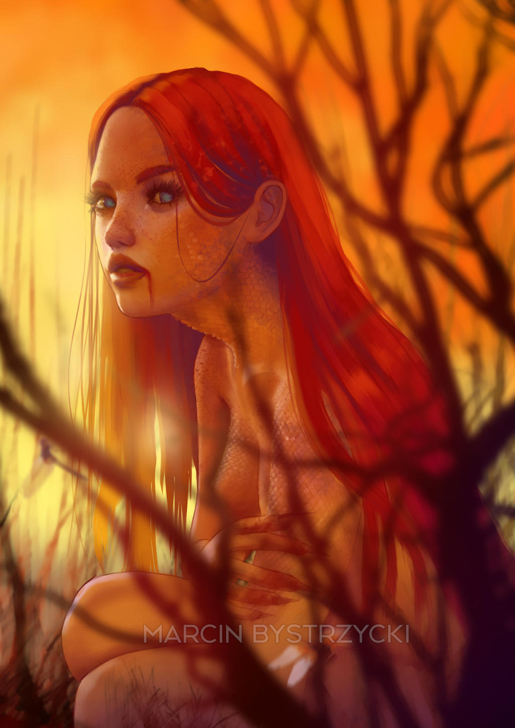 fanart marcina bystrzyckiego przedstawiający wyobrażenie strzygi jako pięknej, rudowłosej kobiety