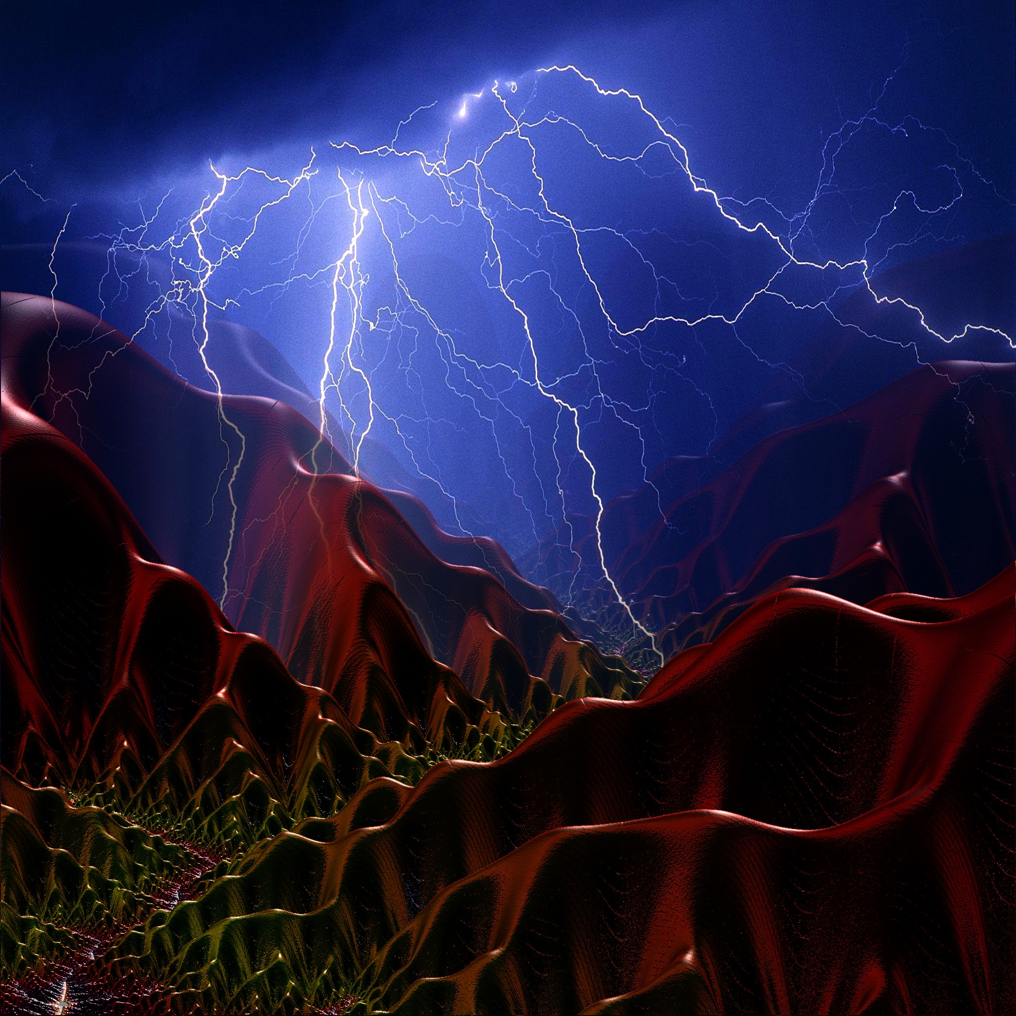 Night storm in the valley of red mountains