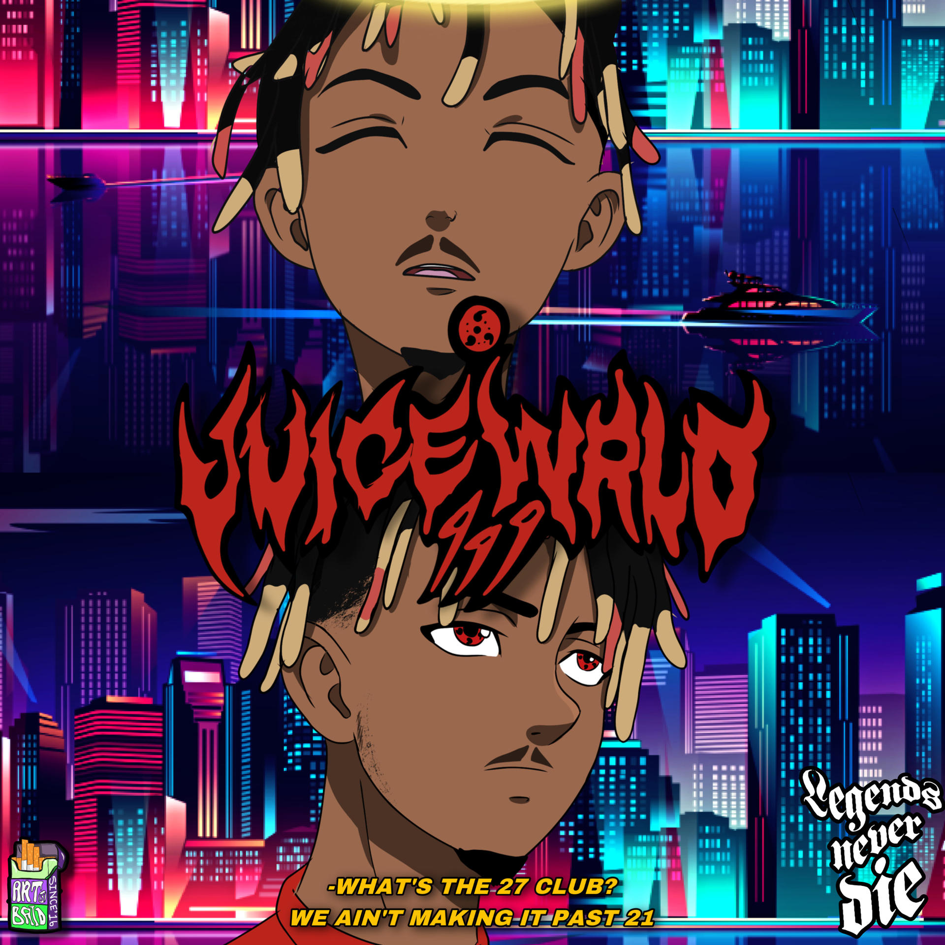 Digital artwork titled Legends Never Die featuring Juice Wrld surrounded by vibrant colors