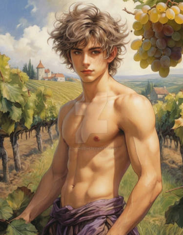 A shirtless man standing by some grapes