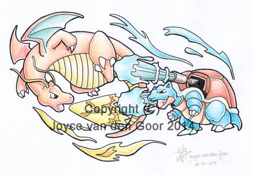 Dragonite and Blastoise battle tattoo