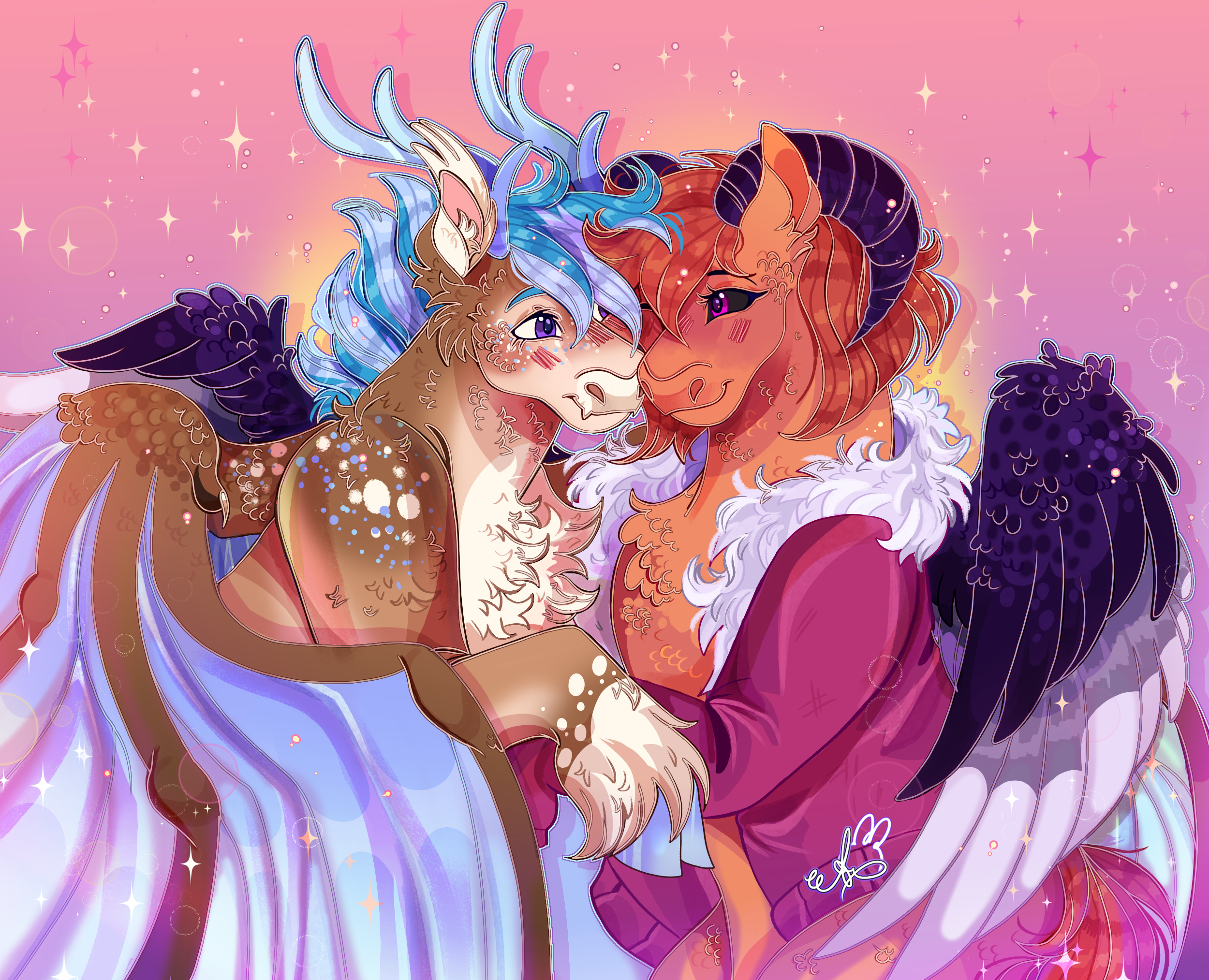 Commission-Blue, pink and orange.