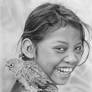 Pencil portrait of a girl with a parrot