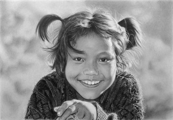 Pencil portrait of a smiling girl from Tatopani