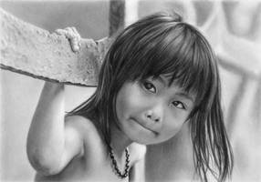 Pencil portrait of Nhu with a fence