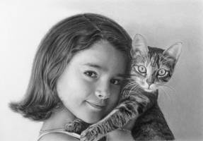 Pencil portrait of a girl with a cat