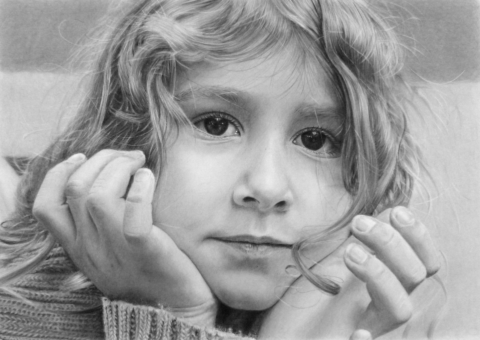 Pencil portrait of a pensive girl