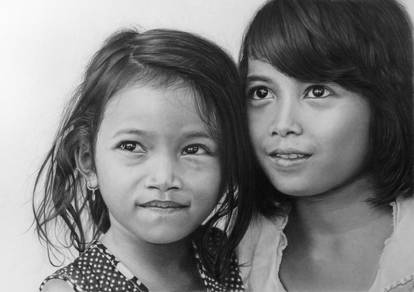 Pencil portrait of two girls from Da Lat