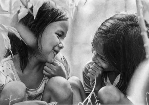 Pencil portrait of two young Vietnamese girls