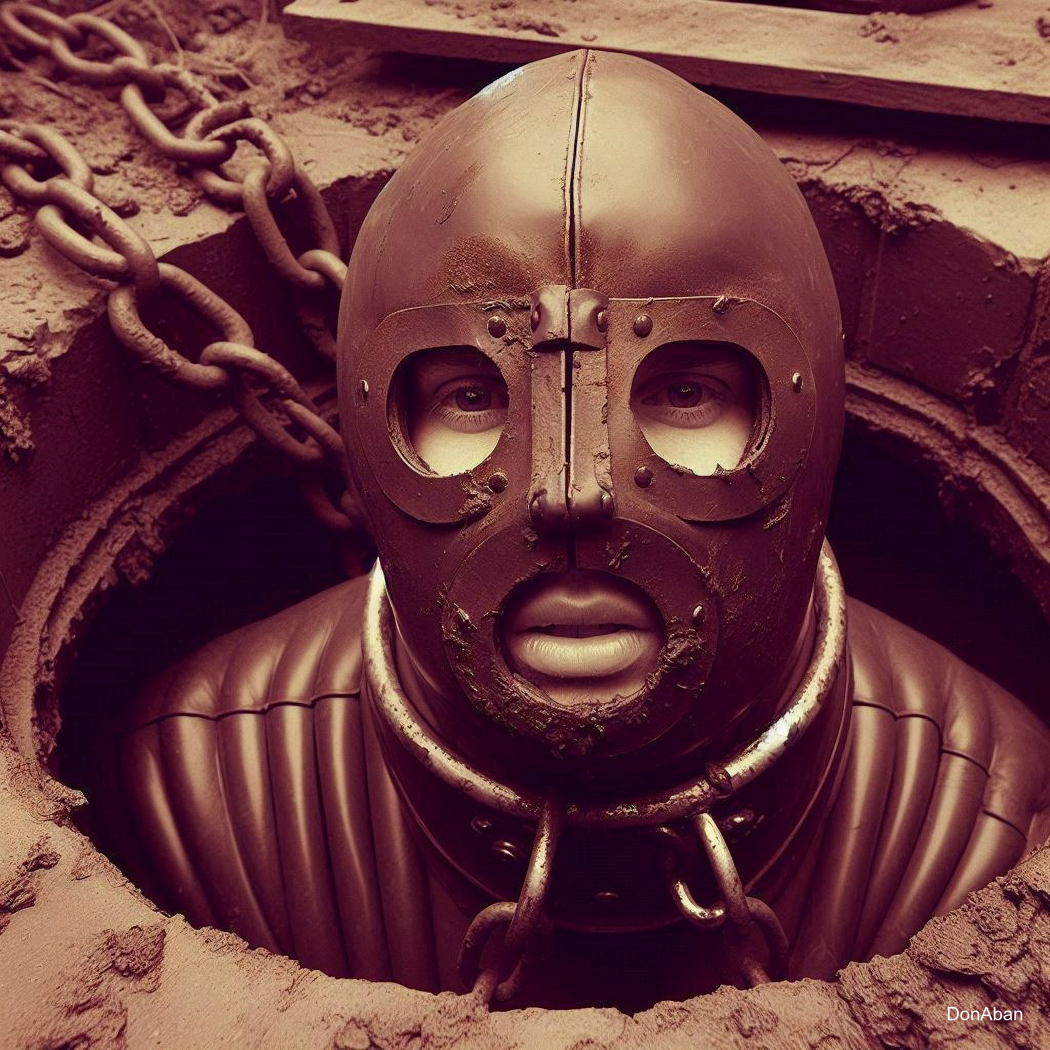 Full leather suit and mask - chained in mudpit by DonAban on DeviantArt