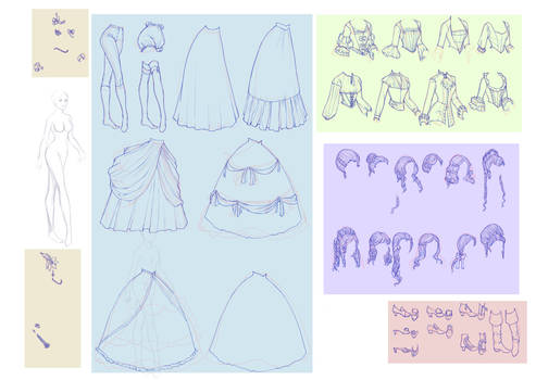 Elements for dress up game in rococo style