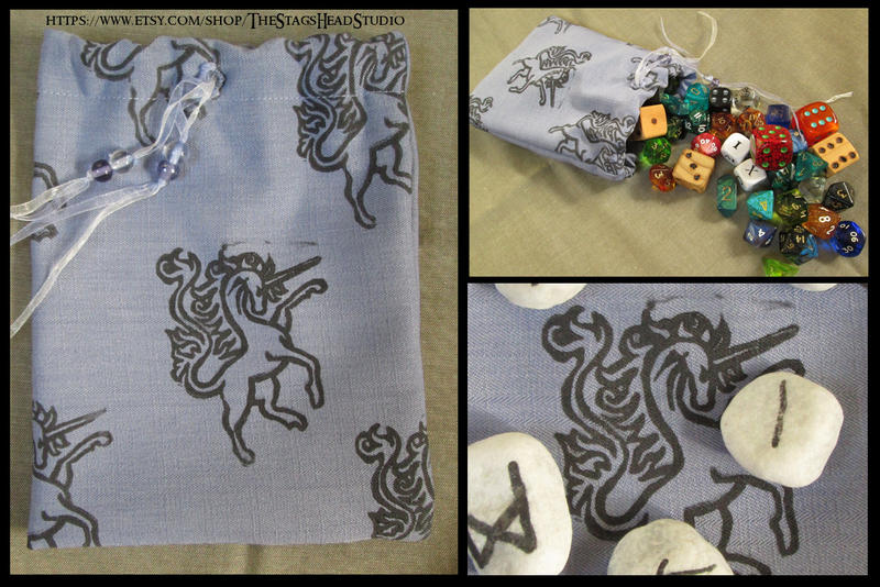 Hand Printed Unicorn Pouch: Dice, Tarot, Runes etc