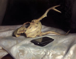 Still life with broken skull and phone