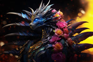 Black dragon and flowers.