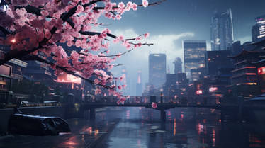 Sakura bridge and city.