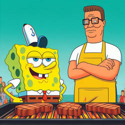 AI: Spongebob and Hank Hill at a grill-off by Strombo1inator