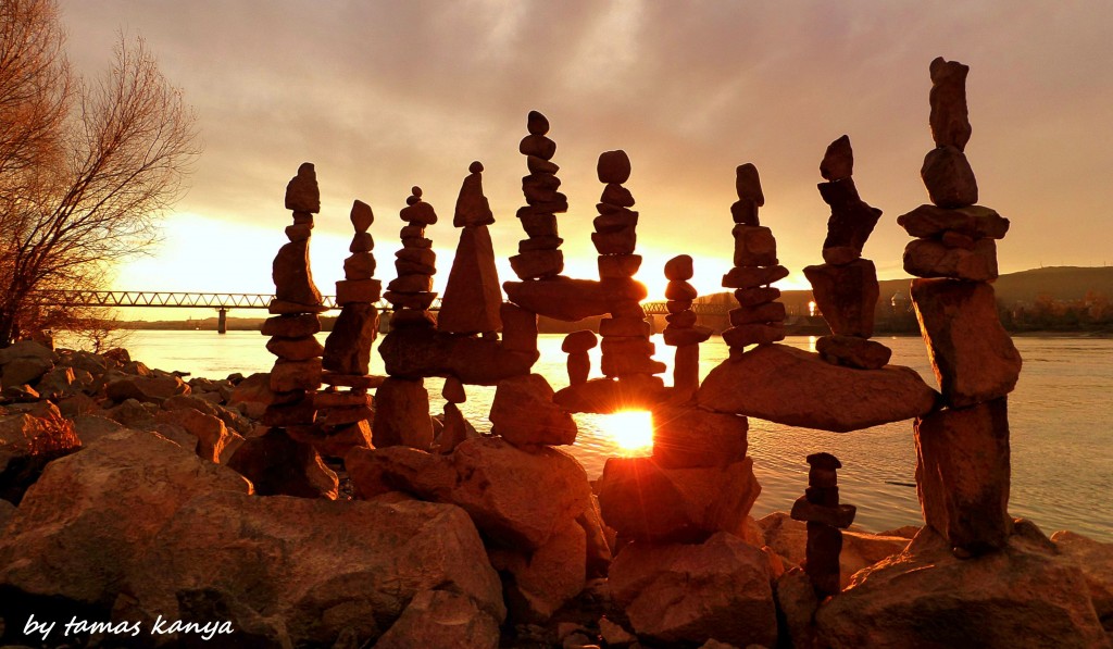 Stone balance composition in the sunset in Hungary