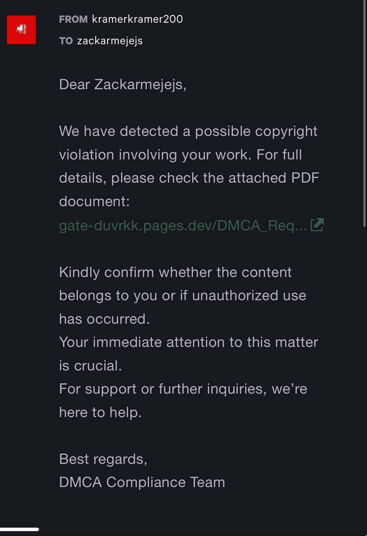 Is this dmca real or fake by zackarmejejs on DeviantArt