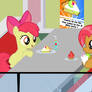 Babs and AppleBloom at the restaurant/coffee