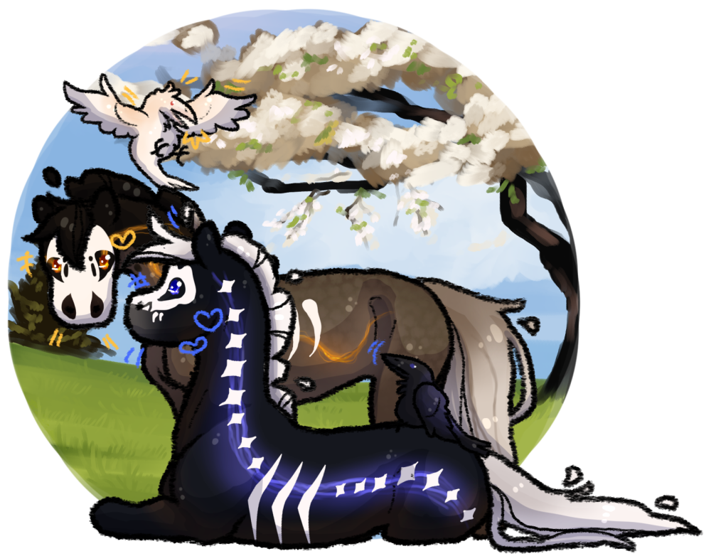 2 skull ponies being cute with a pair of ravens