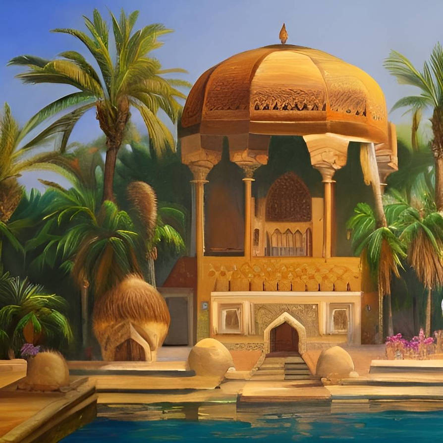 Arabian palace with a oasis paradise surrounding by chriso81 on DeviantArt