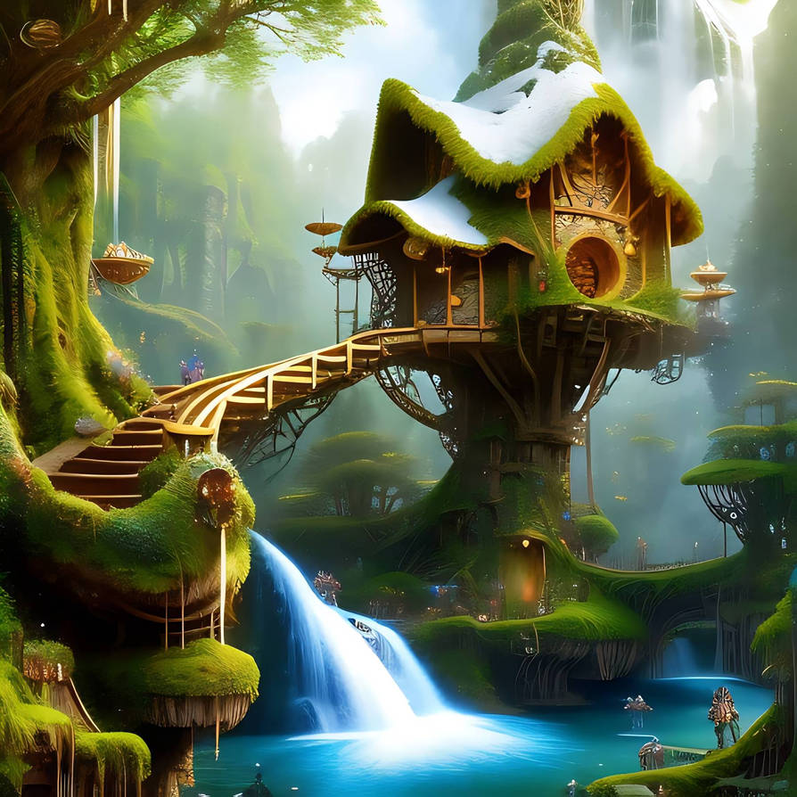 Fantasy treehouse with a beautiful waterfall by chriso81 on DeviantArt
