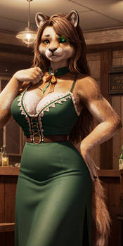Sasta, green dress posing