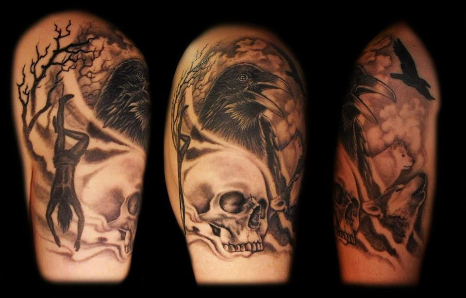 Skull and raven tattoo (Odin) by dzsedi